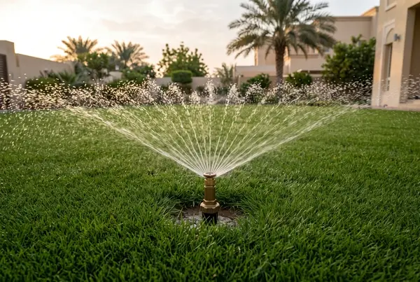رشاش مياه أوتوماتيكي يرتفع من وسط ثيل طبيعي كثيف للغاية ومقصوص بشكل متساوٍ ويطلق رذاذ مياه دائري متناسق في الصباح الباكر