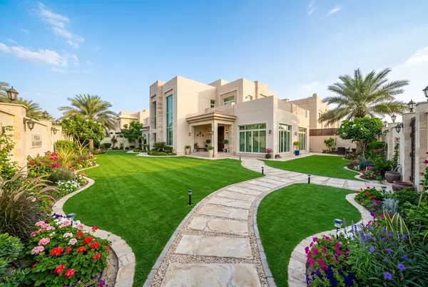 حديقة فيلا كويتية فاخرة مفرشة بالكامل بالثيل الطبيعي الأخضر المستوي والمقصوص بعناية مع ممرات حجرية وأحواض زهور منسقة