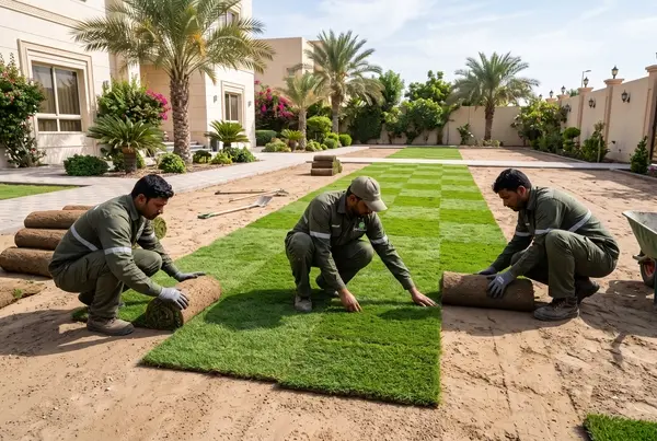 فنيون يرتدون ملابس العمل يقومون برص رولات الثيل الطبيعي الأخضر الكثيف بجانب بعضها البعض بشكل هندسي منتظم فوق تربة رملية مستوية تماماً في حديقة منزلية بالكويت