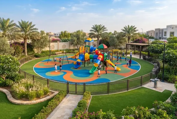 ملعب أطفال آمن بمساحات خضراء في الكويت