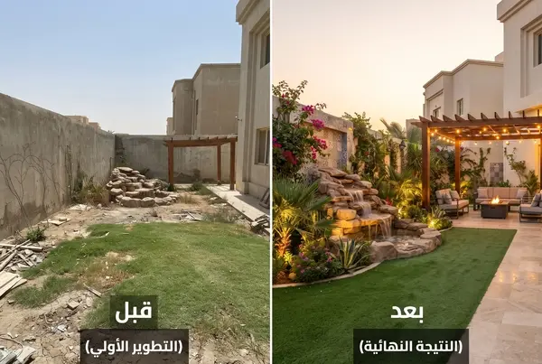 مقارنة قبل وبعد لتنسيق حديقة كويتية