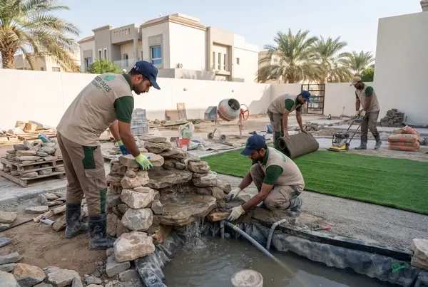 فريق متخصص من شركة تنسيق حدائق في الكويت يقوم بتركيب شلال حجري وعشب صناعي