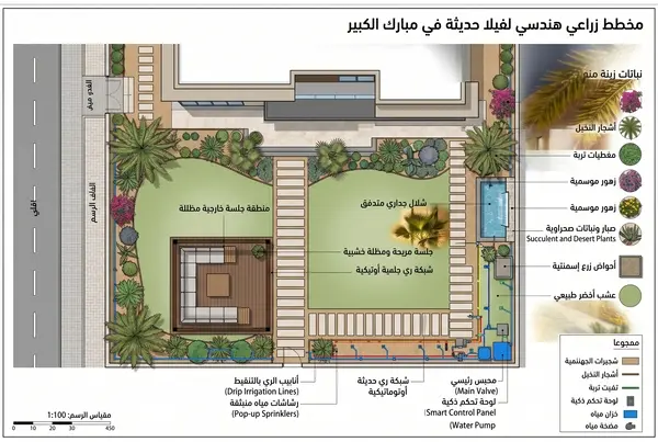 مخطط هندسي لشبكة ري حديقة فيلا حديثة