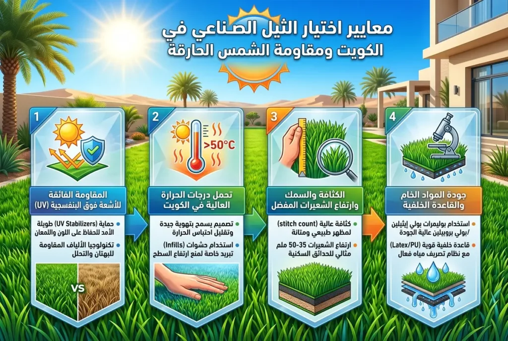 دليل إنفوجرافيك يوضح معايير اختيار الثيل الصناعي في الكويت ومقاومة الشمس الحارقة