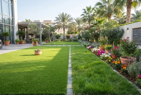 مقارنة جمالية في حديقة فيلا بالسالمية بين العشب الصناعي الفاخر على اليسار والعشب الطبيعي مع أحواض الزهور على اليمين