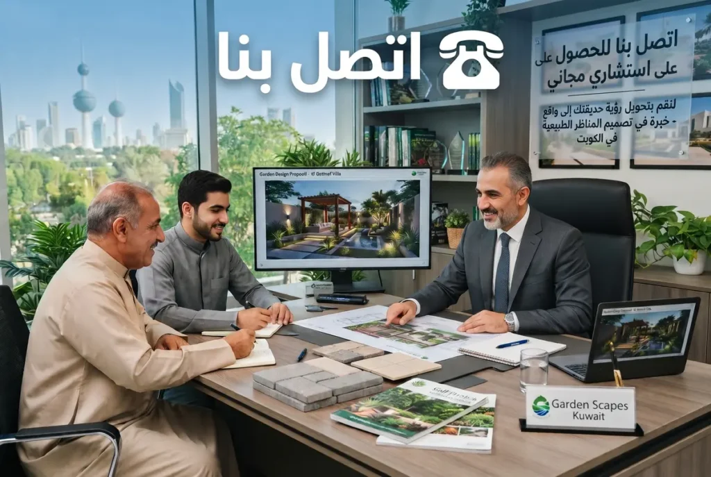 اتصل بنا فريق متخصص في تصميم الحدائق في الكويت يستقبل طلبات العملاء في المكتب
