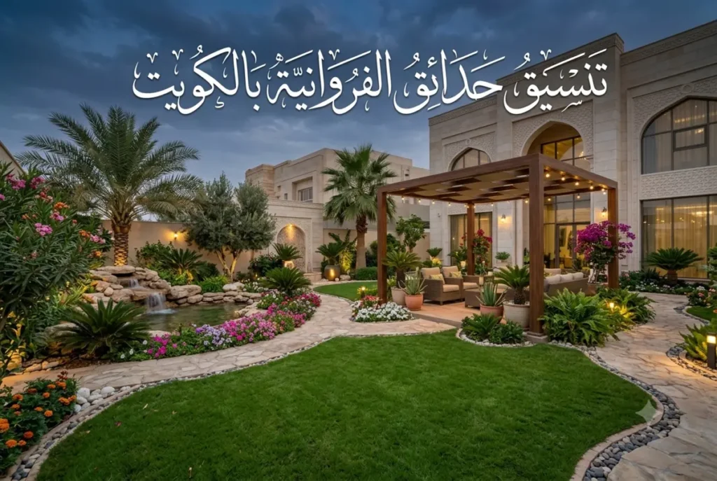تصميم حدائق الفروانية بالكويت، أفضل تصاميم اللاندسكيب مع عشب وشلال ومظلة خشبية