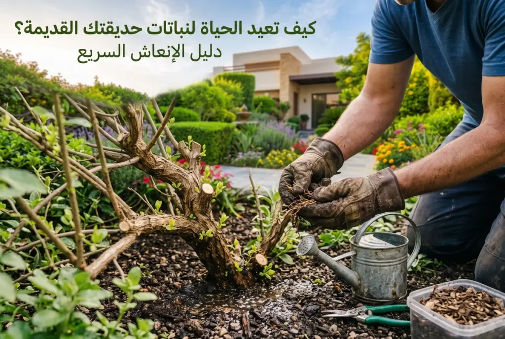 إعادة الحياة لنباتات حديقتك بستاني يعمل على إنعاش شجيرة قديمة في الحديقة مع نص عنوان دليل الإنعاش السريع