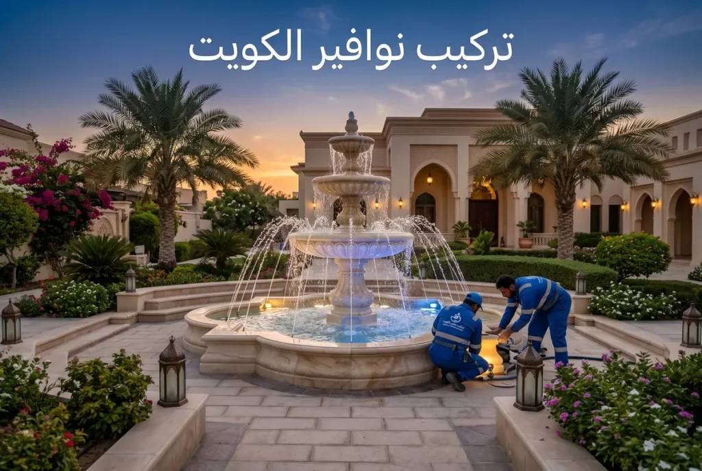 تركيب نوافير الكويت فنيون يركبون نافورة فخمة في الكويت
