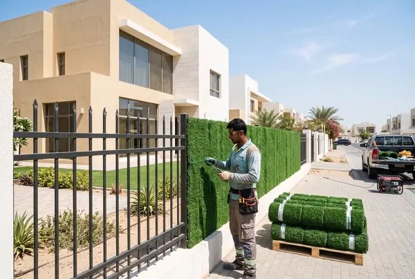 فني يثبت سياج عشب تركي على سور فيلا خارجي بالكويت