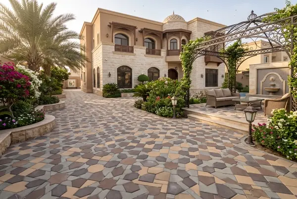 حوش فيلا كويتية فاخرة مرصوف ببلاط متداخل سداسي بألوان البيج والبني والرمادي