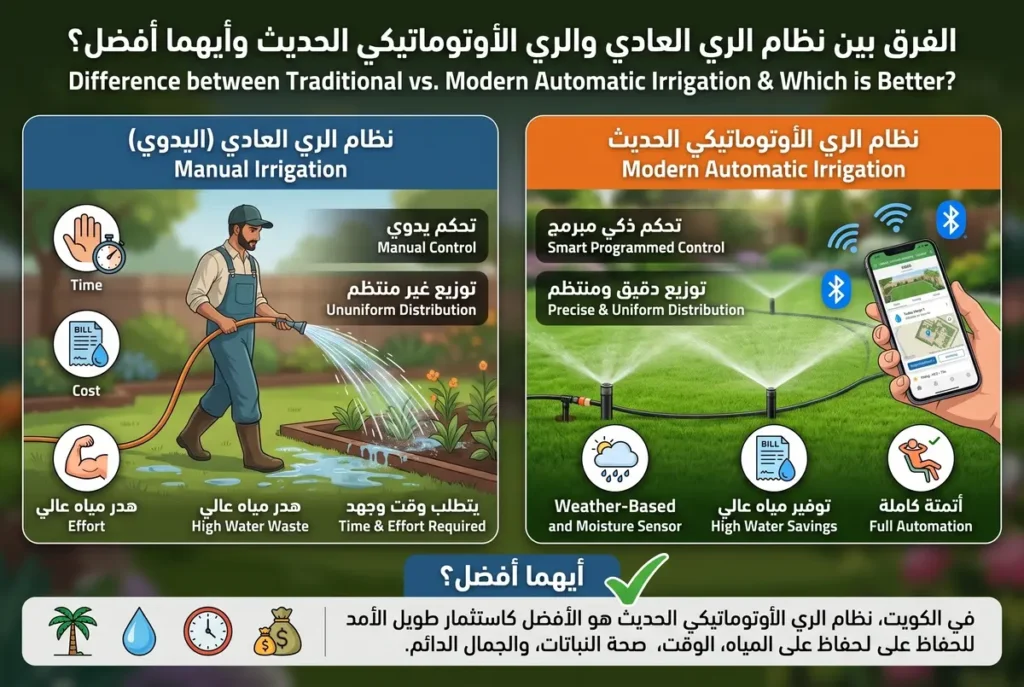 مقارنة بين الري اليدوي بالخرطوم والري الأوتوماتيكي بالرشاشات الري الأوتوماتيكي الحديث