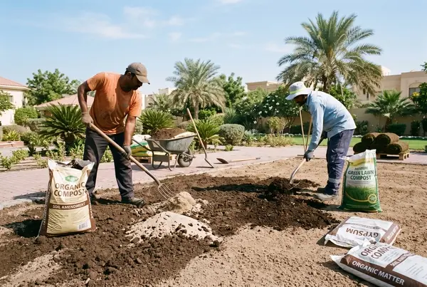 عاملين يقومون بخلط السماد العضوي والمحسنات في تربة الحديقة