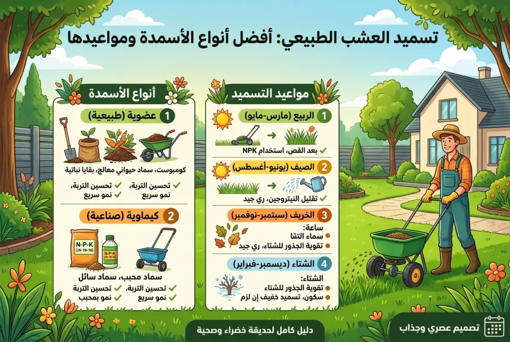لوحة إنفوجرافيك توضح مواعيد وأنواع تسميد العشب الطبيعي