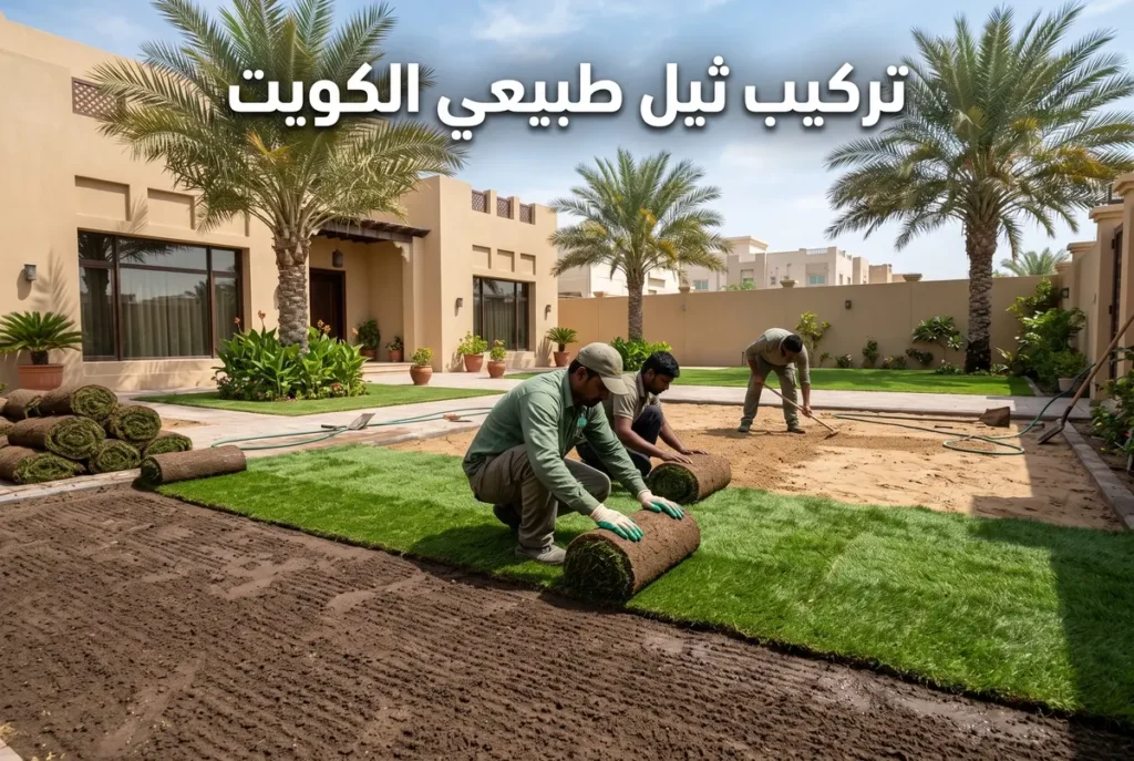 عمال زراعة يقومون بفرد رولات العشب الطبيعي فوق تربة مجهزة في حديقة فيلا