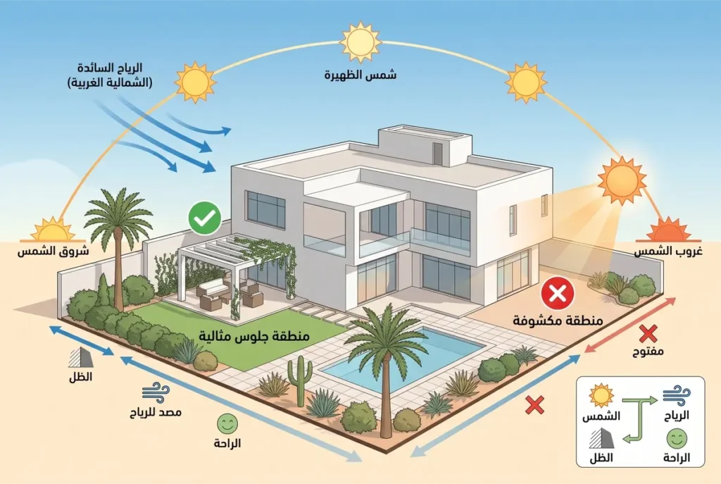 مخطط بياني لاختيار مكان الجلسة الخارجية بناءً على الشمس والرياح