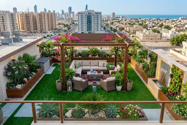 تنسيق حدائق اسطح بالكويت بتصميم مودرن وأحواض نباتات