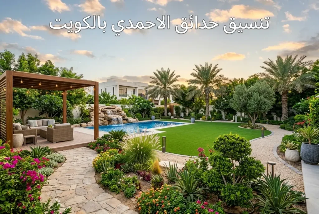تنسيق حدائق الاحمدي بالكويت مع مسبح ومظلة خشبية