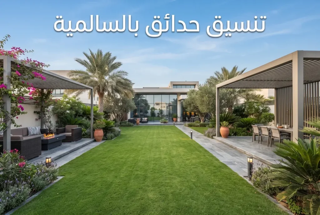 تنسيق حدائق بالسالمية لفلل فاخرة مع جلسات ومسطحات خضراء