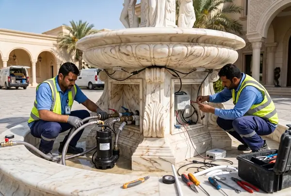 فنيون يركبون مضخة وإضاءة نافورة فخمة
