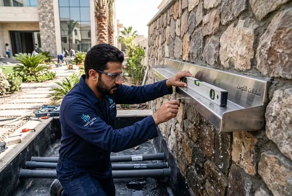 فني يثبت مصب شلال ستانلس ستيل على جدار حجر بفيلا في الكويت
